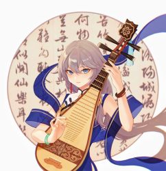 Rule 34 | 1girl, bare shoulders, black hair, blue eyes, bracelet, china dress, chinese clothes, chinese text, closed mouth, dress, fu hua, fu hua (valkyrie accipiter), hair between eyes, highres, holding, holding instrument, honkai (series), honkai impact 3rd, instrument, jewelry, long hair, looking at viewer, lute (instrument), music, playing instrument, ponytail, simple background, solo, tutou jiang, white background