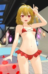 Rule 34 | 1girl, 3d, :d, ahoge, aliasing, bikini, blonde hair, blush, breasts, collarbone, commentary request, contrapposto, cowboy shot, crystal, eyebrows hidden by hair, flandre scarlet, frills, hair between eyes, hand up, highres, indoors, innertube, looking at viewer, mikumikudance (medium), miyo (ranthath), navel, no headwear, one side up, open mouth, pool, red bikini, red eyes, redrawn, rei no pool, small breasts, smile, solo, standing, swim ring, swimsuit, touhou, v, wings