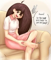 Rule 34 | 1girl, absurdres, ahoge, barefoot, blush, brown hair, cabronpr, couch, english text, feet, highres, holding own foot, long hair, looking at viewer, mari (faraway) (omori), mari (omori), omori, open mouth, pink skirt, sitting, skirt, soles, solo, teasing, teeth, toes, upper teeth only