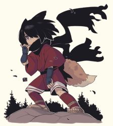 Rule 34 | 1girl, arm guards, black hair, black scarf, brown background, closed mouth, commentary request, dark-skinned female, dark skin, hair over one eye, hand up, japanese clothes, kimono, kukuri (mawaru), looking away, mawaru (mawaru), original, pulling own clothes, purple eyes, red kimono, red legwear, red shorts, sandals, scarf, short sleeves, shorts, simple background, solo, standing, torn clothes, torn scarf, wide sleeves, zouri