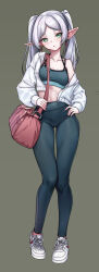 Rule 34 | 1girl, alternate costume, bag, birkai, black pants, breasts, brown background, collarbone, commentary request, frieren, full body, grey hair, highres, jacket, long hair, medium breasts, midriff, navel, pants, pointy ears, red bag, shoes, shoulder bag, simple background, single bare shoulder, solo, sousou no frieren, twintails, white footwear, white jacket