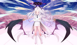 Rule 34 | 1girl, ahoge, alternate costume, blue archive, boots, commentary request, crossed arms, cyelho, demon girl, demon horns, demon wings, forehead, full body, hair ornament, hairclip, halo, highres, hina (blue archive), horns, knee boots, long hair, long sleeves, looking at viewer, necktie, parted bangs, pencil skirt, ponytail, school uniform, sidelocks, skirt, solo, standing, white footwear, wings