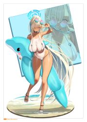 Rule 34 | 1girl, alternate costume, asuna (blue archive), bare shoulders, bikini, blue archive, blue eyes, blue ribbon, blush, breasts, cleavage, collarbone, commentary request, eyewear on head, feet, full body, grin, hair over one eye, hair ribbon, halo, inflatable dolphin, inflatable toy, large breasts, legs, light brown hair, long hair, looking at viewer, micro bikini, nail polish, navel, partial commentary, ribbon, round eyewear, sandals, sideboob, smile, solo, sunglasses, swimsuit, tan, tanline, tinted eyewear, toenail polish, toenails, toes, v, very long hair, white background, zukky