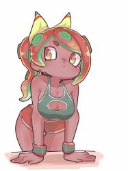 Rule 34 | 1girl, black bra, bra, breasts, cleavage, earrings, hekoningyou (waraningyou), highres, jewelry, large breasts, leaning forward, long hair, nintendo, octoling, octoling player character, red eyes, red hair, red shorts, shadow, shorts, solo, splatoon (series), underwear, white background