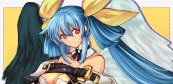 Rule 34 | 1girl, absurdres, angel wings, asymmetrical wings, bare shoulders, belt, blue hair, breasts, cleavage, closed mouth, collarbone, detached collar, detached sleeves, dizzy (guilty gear), guilty gear, guilty gear xrd, hair between eyes, hair ribbon, hair rings, highres, long hair, looking at viewer, medium breasts, off shoulder, red eyes, ribbon, sidelocks, smile, solo, tano t, twintails, upper body, wings, yellow ribbon