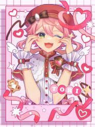 Rule 34 | 1boy, androgynous, character name, ensemble stars!, green eyes, heart, heart hands, heart of string, highres, himemiya tori, looking at viewer, male focus, official alternate costume, one eye closed, open mouth, pink background, pink hair, red background, red headwear, riri (riri nemuioo0), shirt, short hair, smile, solo, star (symbol), striped, striped background, stuffed animal, stuffed toy, teddy bear, white shirt, wings
