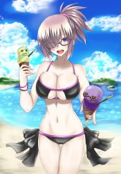 Rule 34 | 1girl, :d, adapted costume, alternate costume, alternate hairstyle, bare shoulders, beach, bikini, black-framed eyewear, black bikini, blush, breasts, cleavage, cleavage cutout, clothing cutout, cloud, cloudy sky, collarbone, cowboy shot, day, fate/grand order, fate (series), food, glasses, gluteal fold, hair ornament, hair over one eye, hair scrunchie, highres, ice cream, ice cream cone, island, large breasts, looking at viewer, mash kyrielight, navel, open mouth, outdoors, ponytail, purple eyes, purple hair, scrunchie, short hair, sky, smile, solo, standing, stomach, swimsuit, takecha, teeth, thigh gap, water