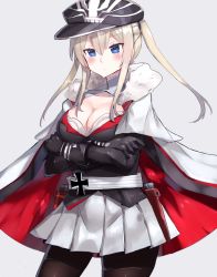 Rule 34 | 1girl, azur lane, black gloves, black pantyhose, blonde hair, blue eyes, breasts, cape, cleavage, cleavage cutout, clothing cutout, cosplay, cowboy shot, cross, elbow gloves, gloves, graf zeppelin (azur lane), graf zeppelin (azur lane) (cosplay), graf zeppelin (kancolle), grey background, hair between eyes, hat, highres, historical name connection, iron cross, kantai collection, large breasts, long hair, looking at viewer, name connection, nonon (xenonbot), pantyhose, peaked cap, pleated skirt, sidelocks, simple background, skirt, solo, twintails, white skirt