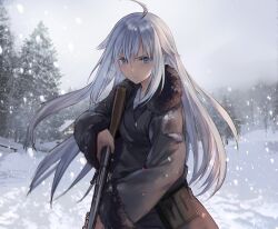 Rule 34 | 1girl, absurdres, artist request, black jacket, blue eyes, bolt action, fur-trimmed jacket, fur trim, gun, highres, holding, holding gun, holding weapon, jacket, looking at viewer, mauser 98, official art, reverse collapse (series), rifle, serious, snowing, solo, tree, weapon, white hair