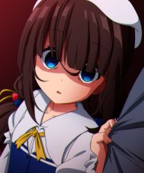 Rule 34 | 10s, 1girl, beret, blue dress, blue eyes, brown hair, clothes grab, commentary request, dress, empty eyes, fingernails, hair over eyes, hat, hinatsuru ai, igashiko, long hair, looking at viewer, low twintails, parted lips, red background, ryuuou no oshigoto!, school uniform, shaded face, sidelocks, solo focus, twintails, white hat, yandere