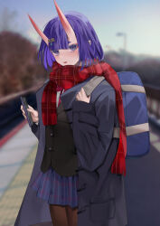 Rule 34 | 1girl, :d, bag, black pantyhose, blazer, blush, cellphone, day, eyeliner, fate/grand order, fate (series), hair ornament, hikimayu, horns, jacket, looking at viewer, makeup, oni, open mouth, outdoors, pantyhose, phone, pleated skirt, pointy ears, purple eyes, purple hair, san (harutuki 3), scarf, school bag, school uniform, short hair, shuten douji (fate), skin-covered horns, skirt, smartphone, smile, solo, winter clothes