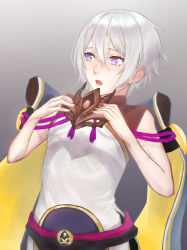 Rule 34 | 1boy, absurdres, aito, blue eyes, commentary request, fate/grand order, fate (series), grey hair, highres, holding, horned mask, male focus, mask, unworn mask, no mask, open mouth, prince of lan ling (fate), short hair, simple background, solo, valentine
