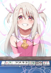 Rule 34 | 1girl, ascot, blonde hair, blush, commentary request, detached sleeves, fate/kaleid liner prisma illya, fate (series), feather hair ornament, feathers, flat chest, grin, hair between eyes, hair ornament, highres, illyasviel von einzbern, kokushi musou, looking at viewer, magic circle, mahjong, mahjong soul, mahjong table, mahjong tile, medium bangs, parted bangs, pink eyes, pink shirt, pink sleeves, prisma illya, shirt, simple background, smile, solo, table, two side up, upper body, white background, yellow ascot, yukimi sora