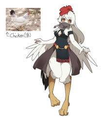 Rule 34 | 1girl, absurdres, bird, bird girl, chicken, cleavage cutout, clothing cutout, colored skin, commentary request, digitigrade, feathers, full body, gomulgong, highres, long hair, mouth veil, original, photo-referenced, photo inset, red eyes, solo, talons, veil, white hair, white skin, winged arms, wings