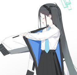 Rule 34 | 1girl, absurdly long hair, aris (blue archive), black hair, black hairband, black skirt, blue archive, blue necktie, blush, closed eyes, collared shirt, commentary request, countryman (artist), from side, green halo, hairband, halo, highres, jacket, long hair, long sleeves, necktie, open mouth, pleated skirt, profile, shirt, simple background, skirt, smile, solo, two-sided fabric, two-sided jacket, very long hair, white background, white shirt