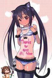 Rule 34 | 1girl, bikini, body writing, clothes lift, gradient background, k-on!, lifting own clothes, milestone celebration, nakano azusa, navel, polka dot, polka dot background, shirt lift, solo, swimsuit, tan, tanline, thighhighs, twintails