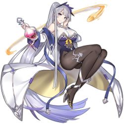 Rule 34 | 1girl, aquarius (ark order), ark order, ass, blue bow, blue nails, bow, breasts, brown pantyhose, coat, covered navel, flask, full body, gold footwear, grey hair, hair bow, hatoyama itsuru, high heels, high ponytail, holding, holding flask, large breasts, leotard, liquid, long hair, nail polish, off shoulder, official art, pantyhose, potion, purple eyes, purple leotard, shoes, silver trim, solo, tachi-e, thighlet, transparent background, very long hair, white coat, yellow bow