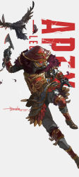 Rule 34 | 1other, apex legends, armor, artist name, axe, bird, black gloves, bloodhound (apex legends), boots, brown footwear, copyright name, crow, dated, eureka1812, gloves, helmet, highres, holding, holding axe, hunter&#039;s moon bloodhound, knee pads, logo, looking down, official alternate costume, open hand, red eyes, solo