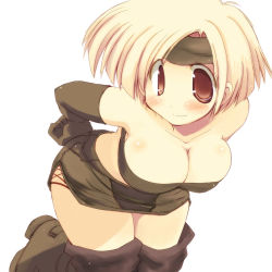 Rule 34 | 1girl, bandeau, bent over, blonde hair, boots, breasts, brown eyes, cleavage, elbow gloves, female focus, gloves, large breasts, miniskirt, original, sakaki (noi-gren), short hair, simple background, skirt, solo, thighs, white background