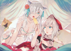 Rule 34 | 2girls, all fours, anastasia (fate), animal ear fluff, animal ears, bare shoulders, beads, bikini, blue eyes, blue ribbon, blush, breasts, cleavage, cloak, collarbone, curtains, doll, fang, fate/grand order, fate (series), flower, food, hair flower, hair ornament, hair over one eye, hair ribbon, hairband, heroic spirit festival outfit, hood, hood up, hooded cloak, inaeda kei, large breasts, long hair, marie antoinette (fate), marie antoinette (festival outfit) (fate), medium breasts, multiple girls, official alternate costume, on bed, open mouth, pillow, popsicle, red cloak, ribbon, rose, sarong, silver hair, smile, swimsuit, thighs, veil, very long hair, viy (fate), white bikini, wolf ears