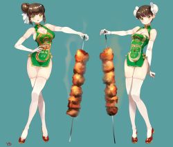Rule 34 | 2girls, aqua background, bare hips, bare shoulders, blush, breasts, bun cover, china dress, chinese clothes, cleavage cutout, clothing cutout, contrapposto, crossed legs, double bun, dress, elbow gloves, female focus, food, full body, gloves, green eyes, hair bun, hand on own hip, kebab, looking at viewer, multiple girls, open mouth, original, oversized food, oversized object, short hair, signature, simple background, single hair bun, smile, standing, thighhighs, tsingtao (brand), watson cross, white gloves, white legwear, yd (orange maru)