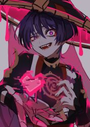Rule 34 | 1boy, absurdres, crazy eyes, crazy smile, fangs, foreshortening, genshin impact, grey background, hair between eyes, half-closed eye, hat, heart, highres, looking at viewer, male focus, purple hair, scaramouche (genshin impact), shima usagi, short hair, smile, solo, upper body, wanderer (genshin impact)