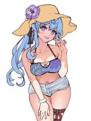 Rule 34 | 1girl, bikini, bikini top only, black ribbon, blue bikini, blue eyes, blue hair, blush, breasts, cleavage, cowboy shot, flower, gotland (kancolle), hair ribbon, hat, hat flower, kantai collection, kozu (bloomme1 me), large breasts, long hair, looking at viewer, parted lips, purple flower, ribbon, short shorts, shorts, simple background, solo, swimsuit, white background, white shorts