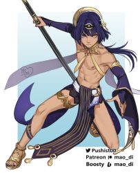 Rule 34 | 1boy, blue eyes, candace (genshin impact), dark skin, detached sleeves, egyptian clothes, expressionless, eye of horus, genderswap, genderswap (ftm), genshin impact, gold choker, hair ornament, heterochromia, highres, jewelry, nail polish, pelvic curtain, polearm, purple nails, pushist00, revealing clothes, sandals, short hair with long locks, sidelocks, toe ring, toned, toned male, watermark, weapon, wide sleeves, yellow eyes
