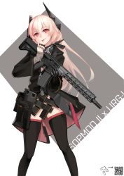 Rule 34 | 1girl, absurdres, assault rifle, bandana, black thighhighs, blonde hair, commentary, english commentary, girls&#039; frontline, grey background, gun, hair between eyes, headgear, highres, holding, holding weapon, jacket, light smile, long hair, looking at viewer, m4 carbine, m4 sopmod ii (girls&#039; frontline), mechanical arms, multicolored hair, pouch, qr code, red eyes, red hair, rifle, saliva, simple background, single mechanical arm, solo, standing, streaked hair, thighhighs, tongue, tongue out, twitter username, vectorek, weapon, white background