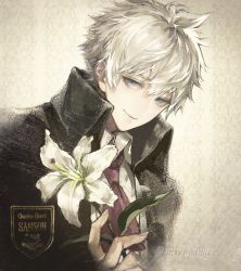 Rule 34 | 1boy, bishounen, black coat, blue eyes, character name, charles-henri sanson (fate), closed mouth, coat, emblem, fate/grand order, fate (series), flower, grey background, holding, holding flower, koshika rina, lily (flower), looking at viewer, male focus, messy hair, popped collar, smile, solo, twitter username, upper body, white hair