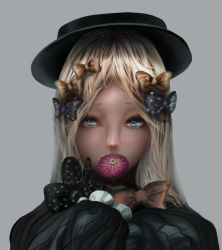 Rule 34 | 1girl, abigail williams (fate), bad id, bad pixiv id, black bow, black dress, black hat, blonde hair, blue eyes, bow, commentary request, covered mouth, dress, fate/grand order, fate (series), flower, flower over mouth, forehead, grey background, hair bow, hat, holding, holding flower, long hair, long sleeves, looking at viewer, mandara, nose, orange bow, parted bangs, polka dot, polka dot bow, purple flower, simple background, sleeves past fingers, sleeves past wrists, solo, upper body