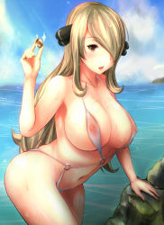 Rule 34 | 00s, 1girl, anekdoten, bare shoulders, blonde hair, blush, breasts, cleavage, cloud, collarbone, creatures (company), curvy, cynthia (pokemon), day, game freak, hair over one eye, large breasts, long hair, navel, nintendo, nipples, o-ring, ocean, one-piece swimsuit, pokemon, pokemon dppt, see-through, sky, slingshot swimsuit, solo, swimsuit, wet, white one-piece swimsuit