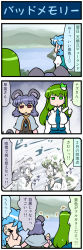 Rule 34 | +++, 3girls, 4koma, :&lt;, animal ears, artist self-insert, blue hair, breasts, capelet, clenched teeth, comic, detached sleeves, dress, empty eyes, frog hair ornament, green eyes, green hair, grey dress, grey hair, hair ornament, highres, juliet sleeves, kochiya sanae, lake, large breasts, long sleeves, mizuki hitoshi, mouse ears, mouse tail, multiple girls, nazrin, open clothes, puffy sleeves, real life insert, red eyes, snake hair ornament, tail, tatara kogasa, tears, teeth, touhou, translation request