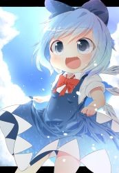 Rule 34 | 1girl, akisha, bad id, bad pixiv id, blue eyes, blue hair, blush, bow, cirno, dress, fang, hair bow, ice, ice wings, matching hair/eyes, open mouth, short hair, smile, solo, touhou, wings