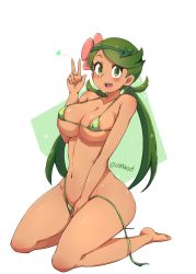 Rule 34 | 1girl, areola slip, bare arms, bare shoulders, barefoot, bikini, blush, breasts, bursting breasts, cleavage, closed eyes, collarbone, creatures (company), dark-skinned female, dark skin, flower, full body, game freak, gluteal fold, green background, green bikini, green eyes, green hair, green hairband, groin, hair flower, hair ornament, hair tie, hairband, highres, hip focus, kneeling, large breasts, long hair, low twintails, mallow (pokemon), micro bikini, navel, nintendo, parted lips, pokemon, pokemon sm, robert m, shadow, shiny skin, simple background, skindentation, solo, stretching, string bikini, swept bangs, swimsuit, teeth, thick eyebrows, thighs, trial captain, twintails, untied bikini, upper teeth only, white background