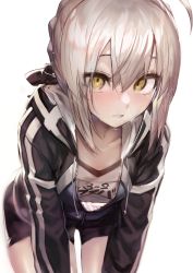 Rule 34 | 1girl, ahoge, akieda, artoria pendragon (fate), bike shorts, black jacket, black ribbon, black shorts, blush, braid, breasts, fate/grand order, fate (series), french braid, grey hair, hair between eyes, hair ribbon, highres, jacket, leaning forward, long hair, long sleeves, looking at viewer, medium breasts, mysterious heroine x alter (fate), mysterious heroine x alter (second ascension) (fate), pale skin, parted lips, ribbon, shirt, shorts, sidelocks, simple background, solo, sweat, thighs, track jacket, white background, white shirt, yellow eyes