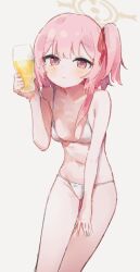 Rule 34 | alcohol, alternate costume, bare shoulders, beer, bikini, blue archive, blush, breasts, cup, drinking glass, epi zero, feather hair, feet out of frame, hair ribbon, halo, hand on own thigh, hand up, highres, holding, holding cup, leaning forward, light smile, looking at viewer, navel, pink eyes, pink hair, raised eyebrows, red ribbon, ribbon, serina (blue archive), side ponytail, simple background, single sidelock, small breasts, standing, stomach, swimsuit, white background, white bikini