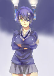 Rule 34 | 10s, 1girl, bad id, bad pixiv id, blue hair, breasts, crossed arms, dodai shouji, eyepatch, flashlight, gradient background, headband, highres, kantai collection, large breasts, looking at viewer, skirt, smile, solo, tenryuu (kancolle), yellow eyes