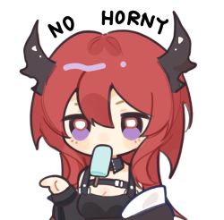Rule 34 | 1girl, arknights, black collar, black dress, breasts, chibi, cleavage, collar, demon horns, detached collar, dress, food, food in mouth, hair between eyes, hand up, horns, long hair, meme, mouth hold, no horny (meme), popsicle, purple eyes, red hair, simple background, solo, surtr (arknights), white background, xuan (xxuanl0424)