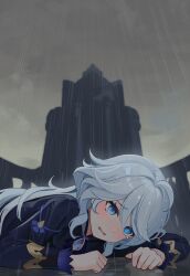 Rule 34 | 1girl, absurdres, ahoge, blue eyes, blue jacket, commentary, crying, egert, furina (genshin impact), genshin impact, grey hair, hair between eyes, highres, jacket, long hair, long sleeves, lying, on stomach, open mouth, outdoors, rain, solo, upper body
