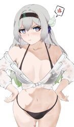 Rule 34 | 1girl, :t, absurdres, anger vein, bare shoulders, bikini, bikini under clothes, black bikini, black hairband, blue eyes, blue pupils, blush, breasts, breasts apart, closed mouth, collarbone, cowboy shot, firefly (honkai: star rail), front-tie top, gluteal fold, grey hair, hair between eyes, hair intakes, hairband, hands on own hips, highres, honkai: star rail, honkai (series), kagurachi, legs apart, long hair, looking at viewer, medium breasts, open clothes, open shirt, pink eyes, pout, see-through, see-through shirt, shirt, solo, spoken anger vein, straight hair, string bikini, swimsuit, thick thighs, thighs, two-tone eyes, v-shaped eyebrows, white shirt