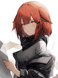 Rule 34 | 1girl, absurdres, animal ears, arknights, black jacket, black scarf, blouse, closed mouth, crownslayer (arknights), grey shirt, highres, holding, holding paper, jacket, looking at viewer, paper, red eyes, red hair, scarf, shirt, short hair, simple background, solo, tab head, translation request, upper body, white background
