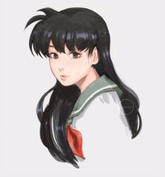 Rule 34 | 1girl, artist name, black hair, brown eyes, clivenzu, commentary, english commentary, green sailor collar, highres, higurashi kagome, inuyasha, long hair, looking at viewer, neckerchief, red neckerchief, sailor collar, school uniform, serafuku, shirt, simple background, smile, solo, white background, white shirt