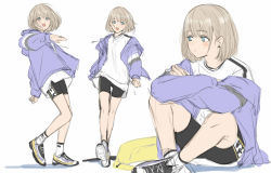 Rule 34 | 1girl, bike shorts, black shorts, blue eyes, blush, breasts, closed mouth, cross-laced footwear, crossed arms, crossed legs, earrings, full body, highres, hood, hooded jacket, idolmaster, idolmaster shiny colors, isshiki (ffmania7), jacket, jewelry, light brown hair, long sleeves, looking at viewer, multiple views, open clothes, open jacket, open mouth, purple jacket, serizawa asahi, shirt, shoes, short hair, short shorts, shorts, simple background, sitting, sketch, small breasts, smile, sneakers, t-shirt, white background, white footwear, white shirt