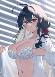 Rule 34 | 1girl, ahoge, azur lane, black hair, bow, bra, breasts, cleavage, collared shirt, hair bow, highres, large breasts, looking at viewer, open clothes, open shirt, red bow, red eyes, round eyewear, shirt, solo, taihou (azur lane), taihou (sweet time after school) (azur lane), underwear, upper body, waka (user unuj5373), white bra, white shirt
