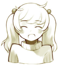 Rule 34 | 1girl, :d, ^ ^, bachera, blush, closed eyes, greyscale, hair bobbles, hair ornament, happy, long hair, monochrome, open mouth, original, raised eyebrows, simple background, smile, solo, sweater, turtleneck, twintails, upper body, white background