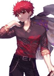 Rule 34 | 1boy, absurdres, belt, belt buckle, buckle, chrysanthemum print, dress shirt, ear piercing, earrings, fate/grand order, fate (series), floral print, highres, holding, holding clothes, jacket, jewelry, looking at viewer, male focus, nakanishi tatsuya, piercing, red eyes, red hair, senji muramasa (fate), shirt, simple background, sleeves rolled up, solo, spider lily print, unworn jacket, upper body, white background