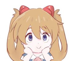 Rule 34 | 1girl, :&gt;, artist request, blue eyes, bow, bowtie, bright pupils, brown hair, chibi, collarbone, collared shirt, dress shirt, interface headset, long hair, looking at viewer, lowres, neon genesis evangelion, school uniform, shirt, simple background, solo, souryuu asuka langley, tokyo-3 middle school uniform, twintails, two side up, upper body, v-shaped eyebrows, very long hair, white background, white shirt