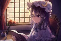 Rule 34 | 1girl, bo cota, book, day, flower, highres, ink, ink bottle, looking at object, open book, patchouli knowledge, quill, reading, red flower, solo, sunlight, touhou