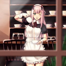 Rule 34 | 10s, 1girl, ;o, alternate costume, apron, cafe, cup, darling in the franxx, dress, enchuu, enmaided, frills, green eyes, highres, horns, indoors, maid, one eye closed, open mouth, overalls, pink hair, pouring, puffy short sleeves, puffy sleeves, short sleeves, solo, tea, teacup, teapot, waitress, zero two (darling in the franxx)